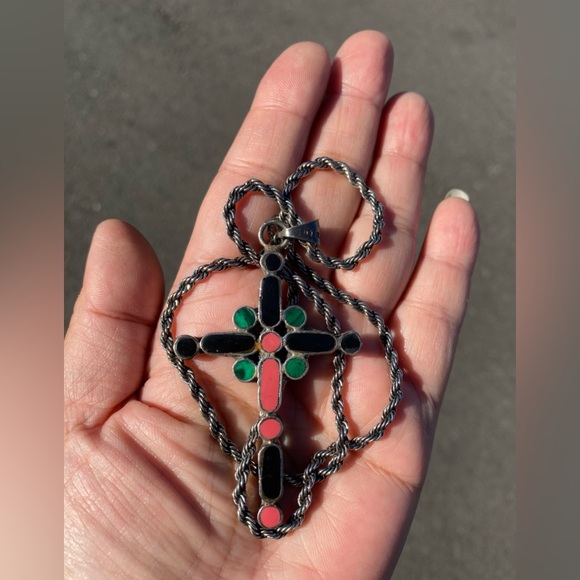 Stone Age big bold inlay cross sterling silver necklace - Picture 3 of 5